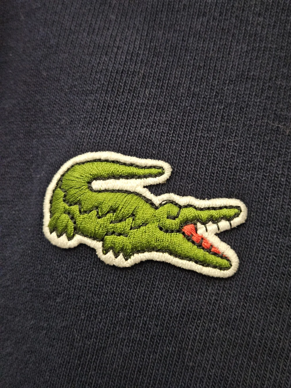 Lacoste Navy Pullover Hoodie with Red and White Shoulder Stripes